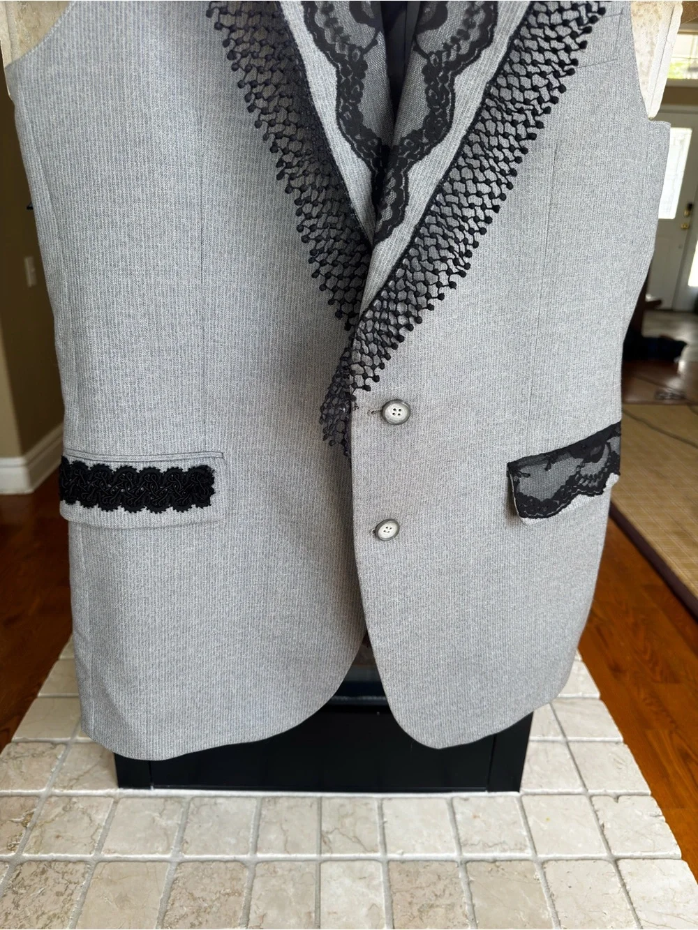 Vintage YSL Made in France Grey Wool Lace Trim Tailored Vest